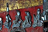 Glass mosaics depicting Buddhist stories lining walls around stupa in Shwe Yaunghwe Kyaung. Buddhist monastery, near Inle Lake. Myanmar. 